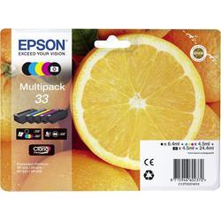 Epson inkjet cartridge multipack featuring black, yellow, magenta, and cyan cartridges in original packaging with a vibrant orange slice background.
