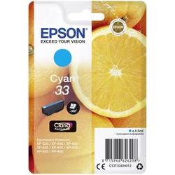 Cyan ink cartridge packaged in a bright yellow and white card featuring a lemon background, with clear labeling of "Epson 33" and barcode on the back.