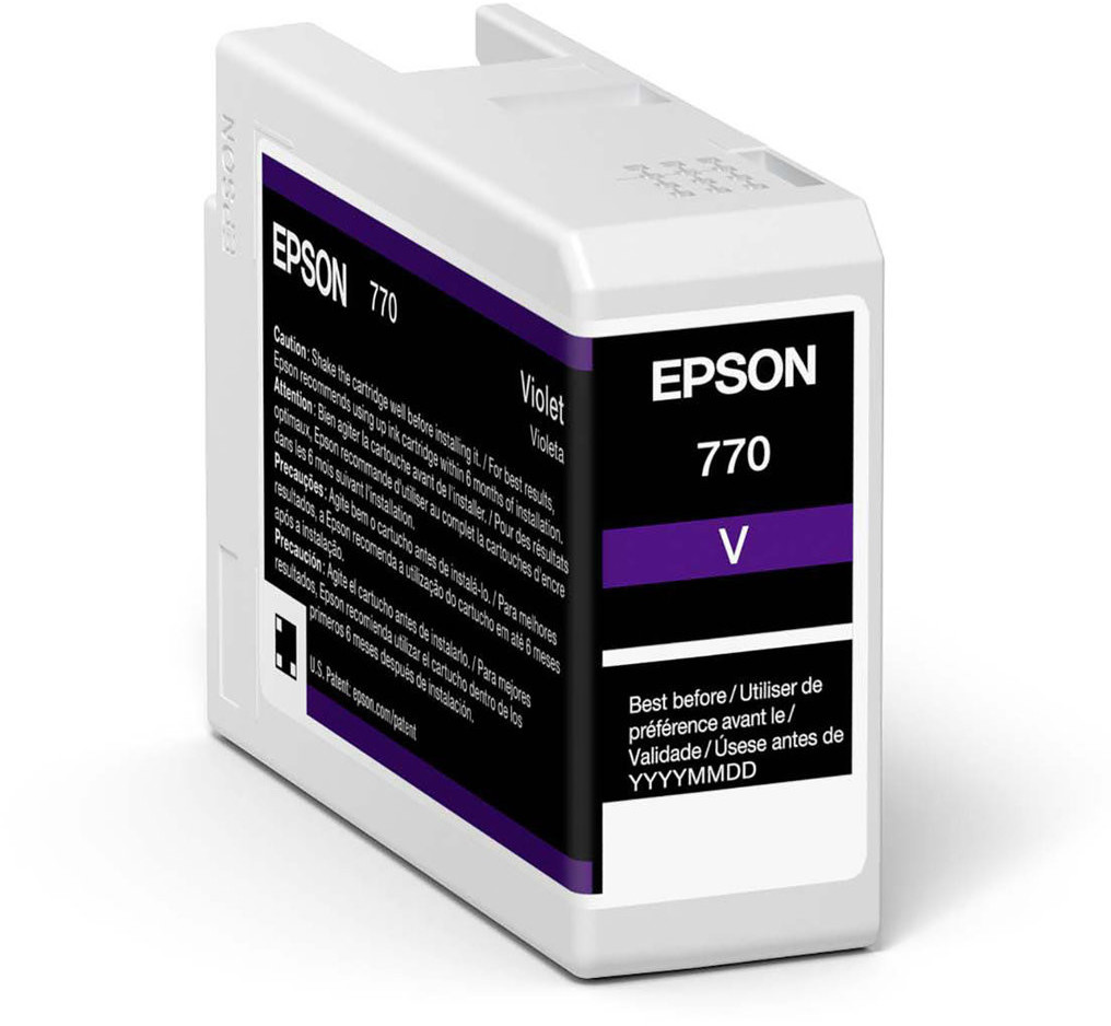 Violet Epson T46SD UltraChrome ink cartridge, 25ml, featuring a white body with a black and purple label, marked with "Epson 770" and a caution notice.