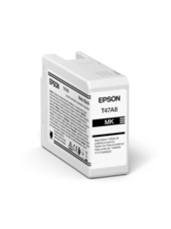 Matte black ink cartridge by Epson, 50ml, labeled C13T47A80N, featuring a rectangular shape with a white and black design, and clear identification markings on the side.