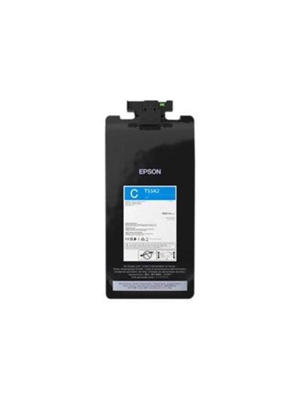 Cyan ink cartridge by Epson, model C13T53A200, features a black plastic casing with a blue label, designed for the Epson SC-T 770 printer, holding 1600ml of ink.