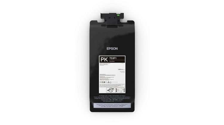 Black Epson C13T53F100 ink cartridge, 1600ml capacity, featuring a sleek design with a prominent label detailing product information and compatibility with Epson SC-P 8500 DL.