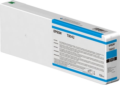 Yellow Epson T55K4 UltraChrome ink cartridge, 700ml, featuring a sleek white plastic casing with blue accents and detailed product information on the side.