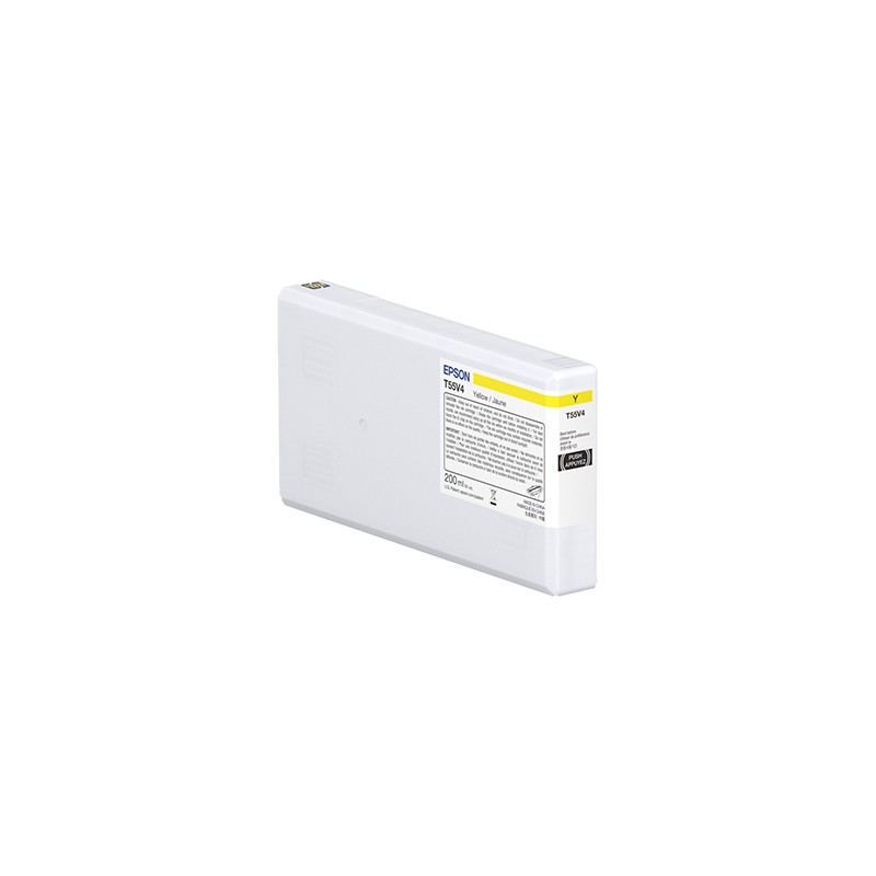 Yellow ink cartridge by Epson, model T55W400, 200ml, featuring a white plastic casing with a label indicating product details and usage instructions.