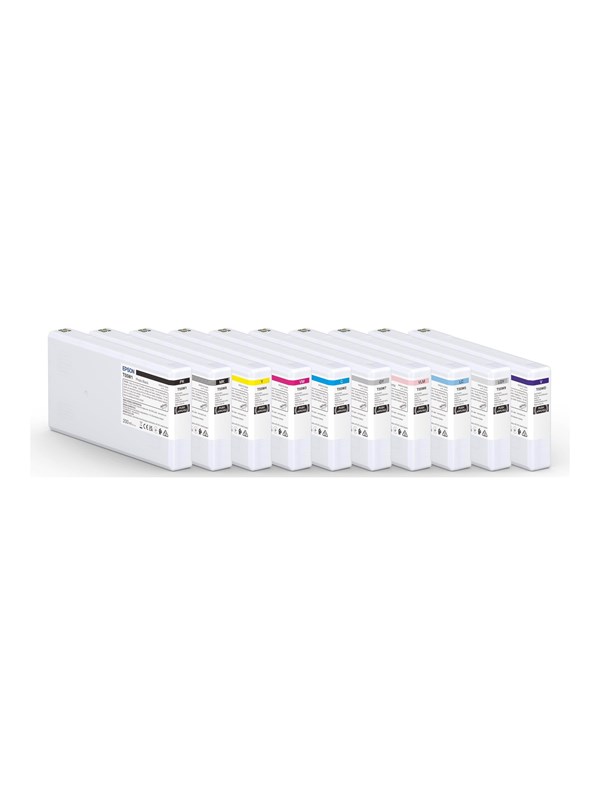Light gray Epson T55W900 ink cartridge, 200ml, with a rectangular white body and labels displaying product details, arranged in a row with other colorful cartridges.