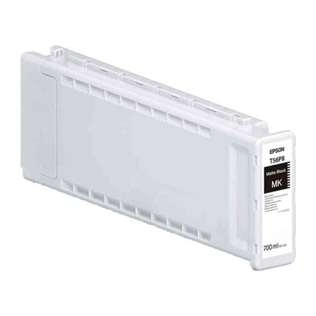 Black matte ink cartridge with a transparent plastic casing, labeled "Epson T56P8," holding 700ml, designed for Epson SureColor printers.