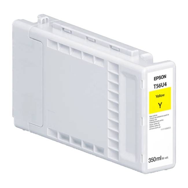 Yellow ink cartridge with a transparent plastic casing, labeled "Epson T56U4," containing 350ml of ink, designed for Epson SureColor printers.