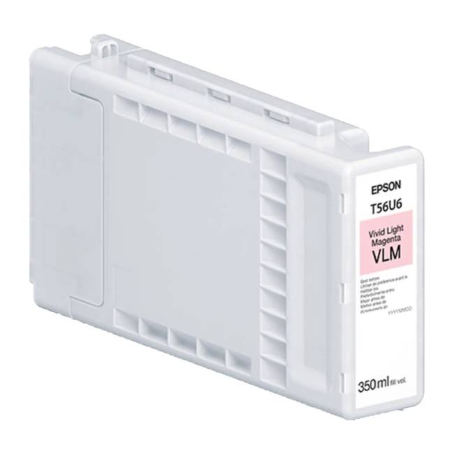 Light magenta ink cartridge by Epson, model C13T56U600/T56U6, featuring a transparent casing and labeled with "Vivid Light Magenta" and a capacity of 350ml.