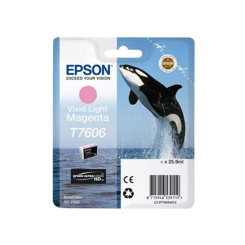 Epson T7606 Vivid Light Magenta Ink Cartridge packaging features a jumping killer whale, with a pink background and product details prominently displayed.