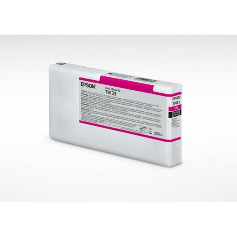 Epson T9133 Vivid Magenta Ink Cartridge in a white plastic casing, featuring a vibrant magenta label, with detailed product information and a 200ml capacity.