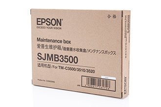 Brown cardboard box labeled "Epson SJMB3500" with maintenance box details, designed for TM-C3500 and TM-C3500(012) printers, featuring the Epson logo and product specifications.