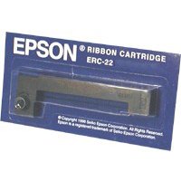 Epson ERC-22-B black nylon ribbon cartridge in blue packaging with white text and visible cartridge shape.