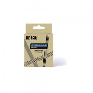 Epson DirectLabel black on blue label tape, 24mm wide and 8m long, packaged in a beige box with blue and black text and a cut-out handle on top.