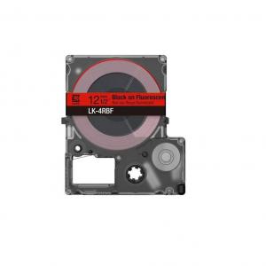 Fluorescent red and black label tape cartridge, 12mm wide, featuring a clear casing and labeled "LK-4RBF" prominently on the front.