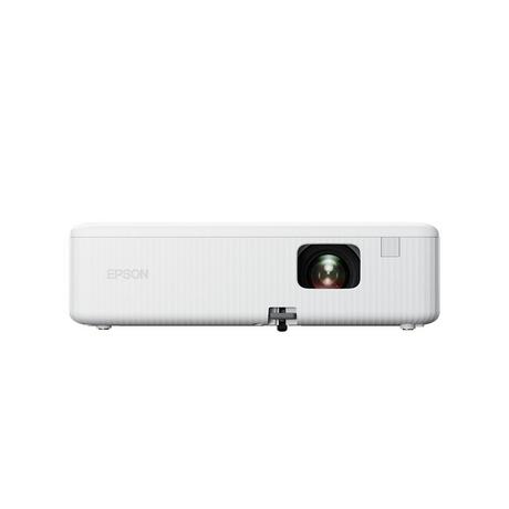 Epson CO - FH01 Full HD projector in sleek white with a compact design, featuring a prominent lens and subtle texture on the casing for a modern look.