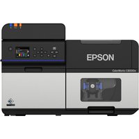 Epson ColorWorks C8000e label printer, black and gray, with digital display and multiple buttons on the front panel.