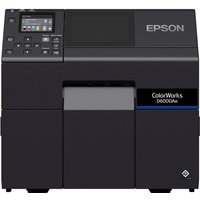 Black Epson ColorWorks D6000Ae label printer with LCD screen and control panel, featuring thermal transfer technology.