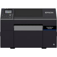 Black Epson ColorWorks D6500Ae label printer with LCD screen and control panel on the top left.
