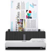 Black and white Epson DS-C330 ADF scanner with sheet-fed design, displaying colorful document, 600 x 600 DPI A4.