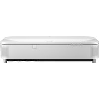 White Epson ultra short throw projector, sleek design, front-facing lens, control buttons on top, compact rectangular shape.