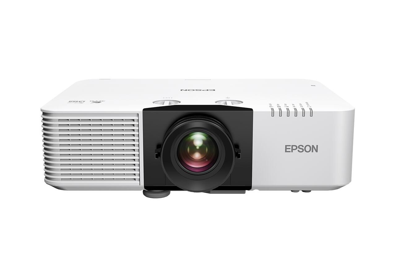 Epson EB-L890U projector in white, featuring a prominent lens, ventilation grilles, and control buttons, designed for high brightness with 8000 ANSI lumens and WUXGA resolution.