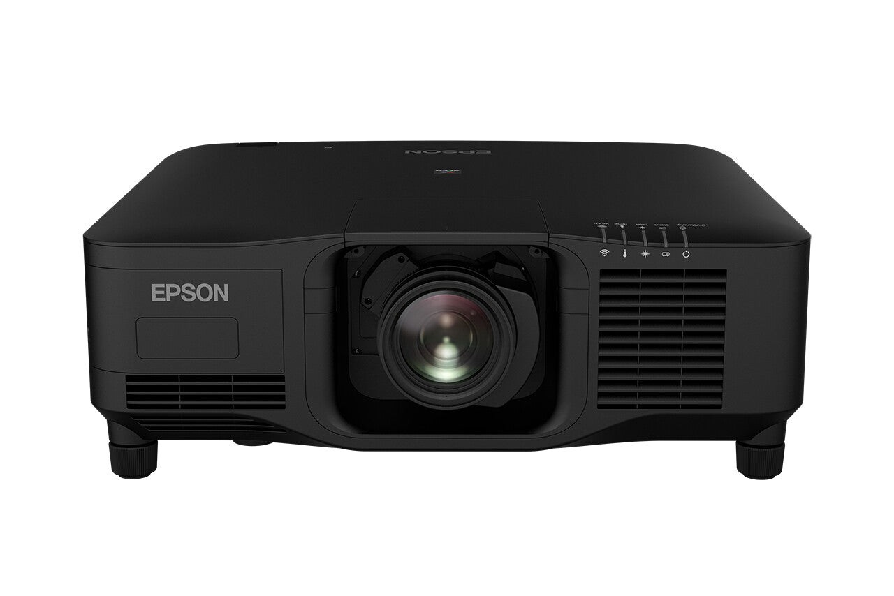Epson EB-PQ2213B data projector in black with a prominent lens, control buttons on top, and ventilation grilles, featuring 13000 ANSI Lumens and UHD 4K resolution.