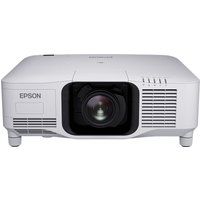 White Epson EB-PU2113W projector, large lens, vented sides, rectangular shape, 13000 ANSI lumens, 3LCD WUXGA.