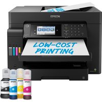 Black Epson EcoTank ET-16605 printer with LCD screen, control panel, and visible ink tanks, printing a page.