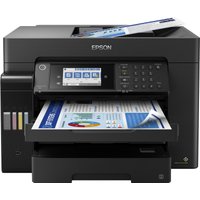 Black Epson EcoTank ET-16655 inkjet printer with front control panel, paper tray, and visible ink tanks on the side.