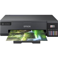 Black Epson EcoTank ET-18100 photo printer with front paper tray and visible ink tank on the side.