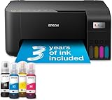 Epson EcoTank ET-2860 printer, black, with front ink tanks and paper showing "3 years of ink included," wireless capability.