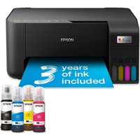 Black Epson EcoTank ET-2862 printer with ink tanks, Wi-Fi capability, and paper displaying "3 years of ink included."