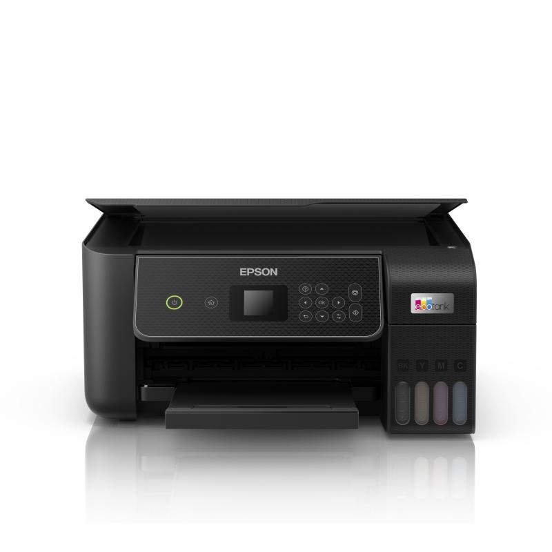 Black Epson EcoTank ET-2870 inkjet printer with a control panel featuring buttons and a display, and color ink tanks on the right side, designed for A4 printing and Wi-Fi connectivity.