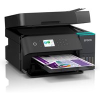 Black Epson EcoTank ET-3950 printer with LCD screen, paper tray, and visible ink tanks on the side.