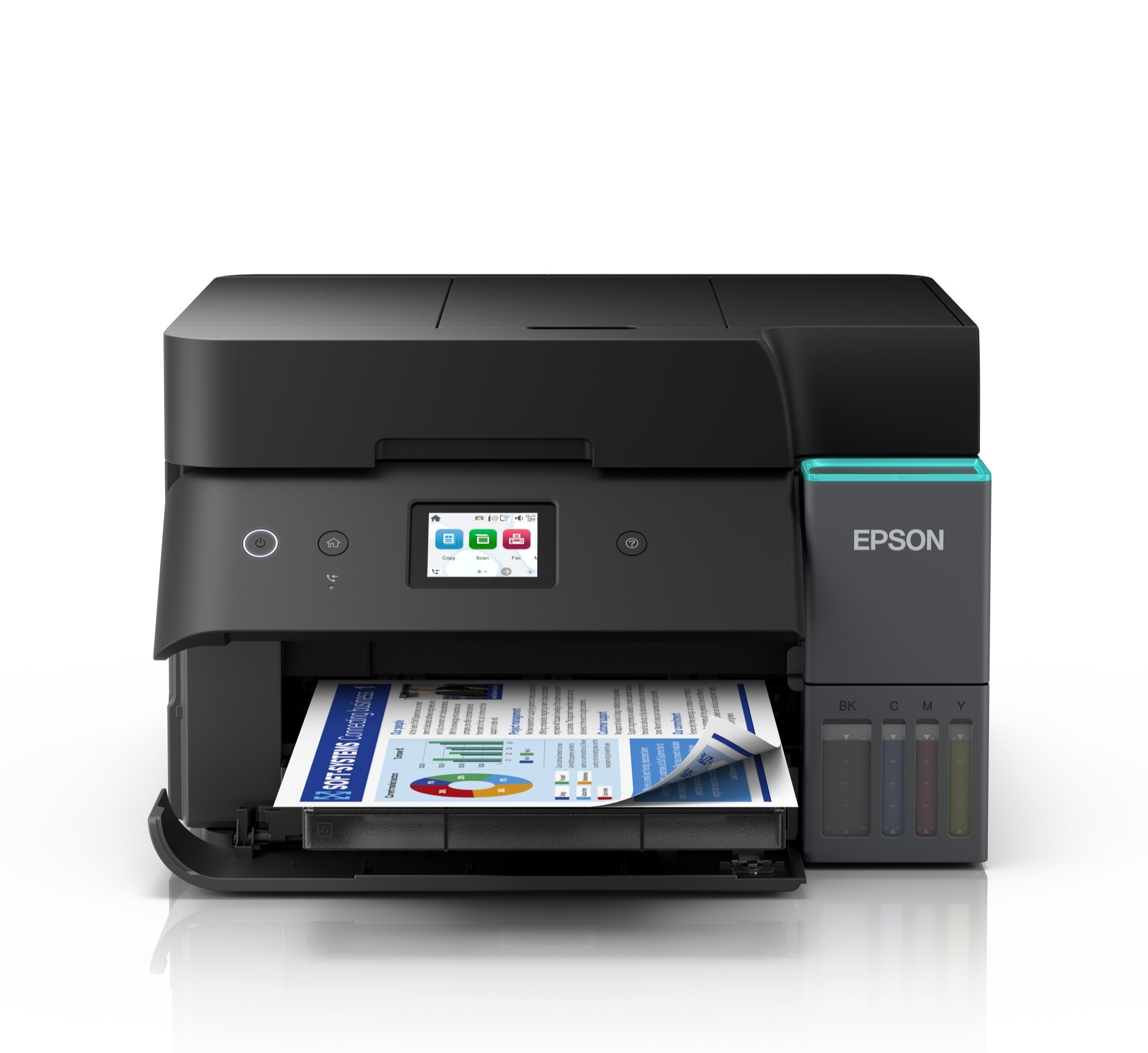 Epson EcoTank ET-4950 inkjet printer in black with a control panel, visible paper output, and colorful ink tanks on the side, offering high-resolution printing and Wi-Fi connectivity.