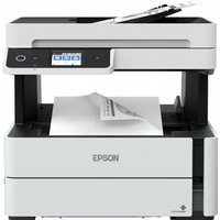 White Epson EcoTank ET-M3180 printer with touchscreen, paper tray, and Wi-Fi capability.