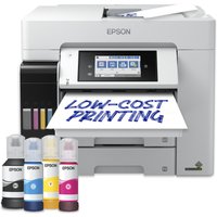Epson EcoTank Pro ET-5885 printer, white with touchscreen, front paper tray, and visible ink tanks, includes ink bottles.