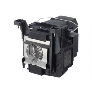Black projector lamp assembly with a shiny silver bulb at the front, featuring a sturdy plastic housing and ventilation grilles on the sides, designed for Epson projectors.