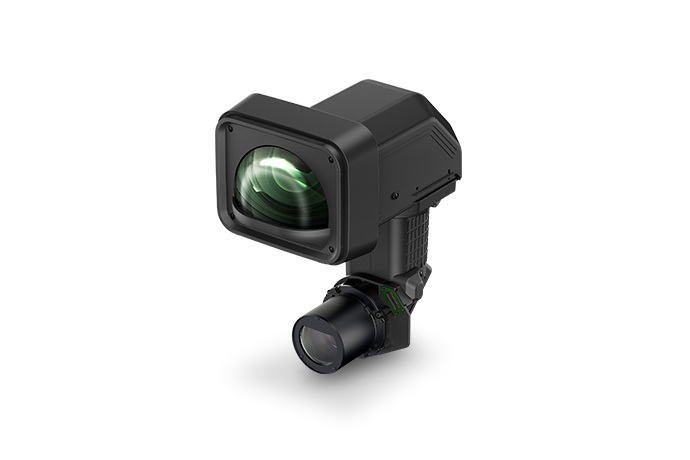Epson ELPLX02S Projection Lens features a sleek black design with a large rectangular front lens and a compact body, designed for high-quality projection in professional settings.