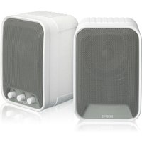 White Epson ELPSP02 active speakers with gray mesh fronts and control knobs on one speaker.