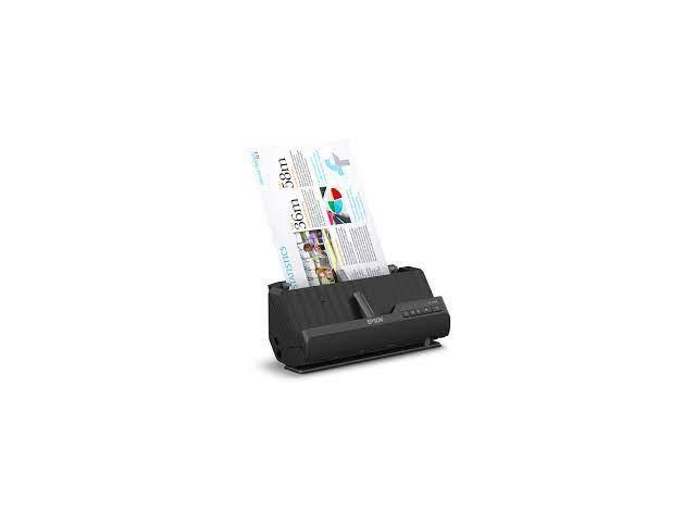 Compact black Epson ES-C320W scanner with ADF, featuring a sheet-fed design, 600 x 600 DPI resolution, and control buttons on the front, processing A4 documents.