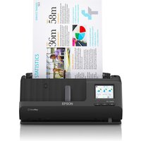 Black Epson ES-C380W ADF scanner with LCD screen, scanning colorful A4 document, 600 x 600 DPI resolution.