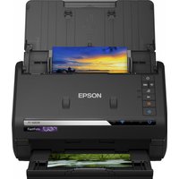Black Epson FF-680W sheet-fed scanner with open tray, control buttons, and paper loaded for scanning.