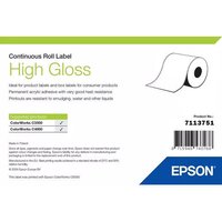 Epson High Gloss Label roll, 76mm x 33m, white, continuous roll with green and blue packaging accents.