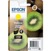 Epson Kiwi Singlepack Yellow 202 ink cartridge with kiwi fruit image and Claria Premium Ink logo on packaging.