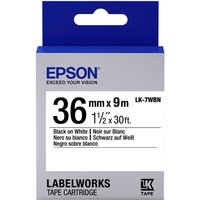 Epson LK-7WBN label cartridge, black on white, 36mm width, 9m length, blue and gray packaging.