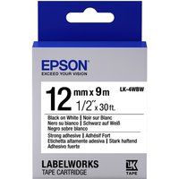 Epson label cartridge box, blue top, white body, 12mm x 9m, strong adhesive, black on white text.