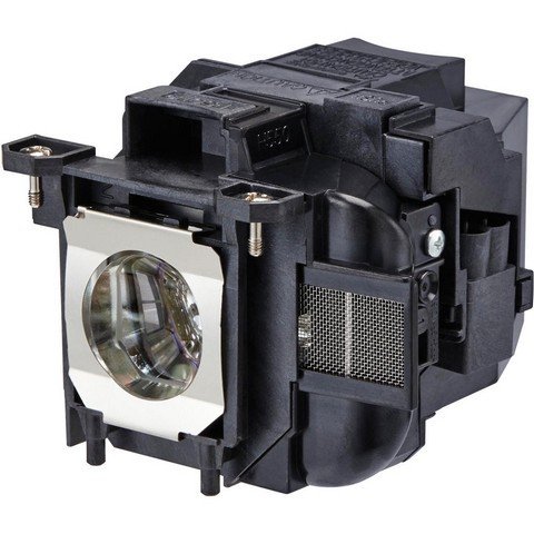 Epson ELPLP87 projector lamp with a black plastic housing, a shiny silver reflector at the front, and ventilation grilles on the side for heat dissipation.