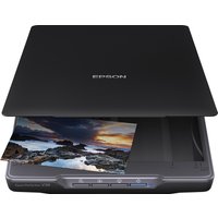Black Epson Perfection V39II flatbed scanner with open lid, scanning a landscape photo, 4800 x 4800 DPI A4 size.