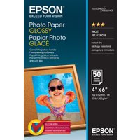 Epson Photo Paper Glossy pack, 10x15cm, 50 sheets, with vibrant photo and blue background on packaging.
